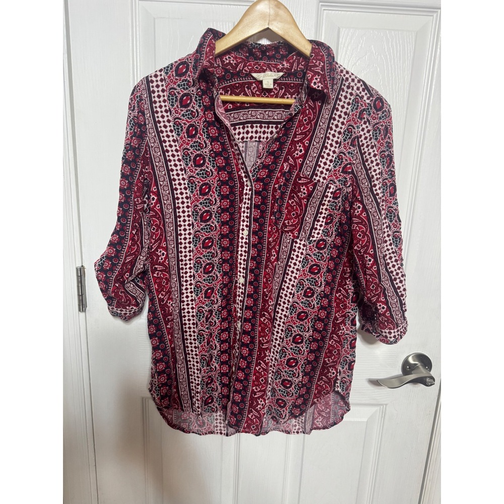 Khakis & Co Womens Red Paisley Mixed Print Roll Tab Sleeve Button Down Shirt S